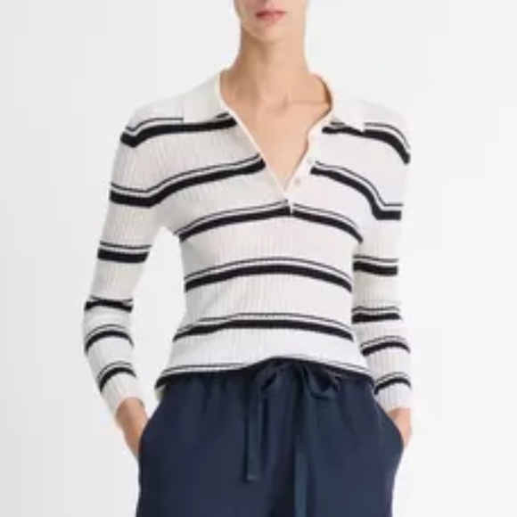 NEW Vince Women's Cashmere-Silk Striped Polo Top Off White Coastal - Size Small - Picture 1 of 5